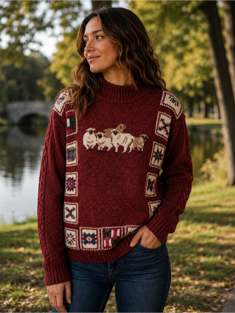 Vintage Woolrich Sheep Wool Sweater Folk Art Quilt Medium